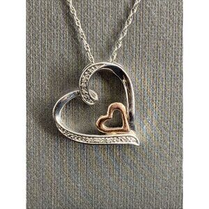 Double Heart Necklace 10k Rose Gold 925 Sterling Silver Diamond Pendant 17" Long